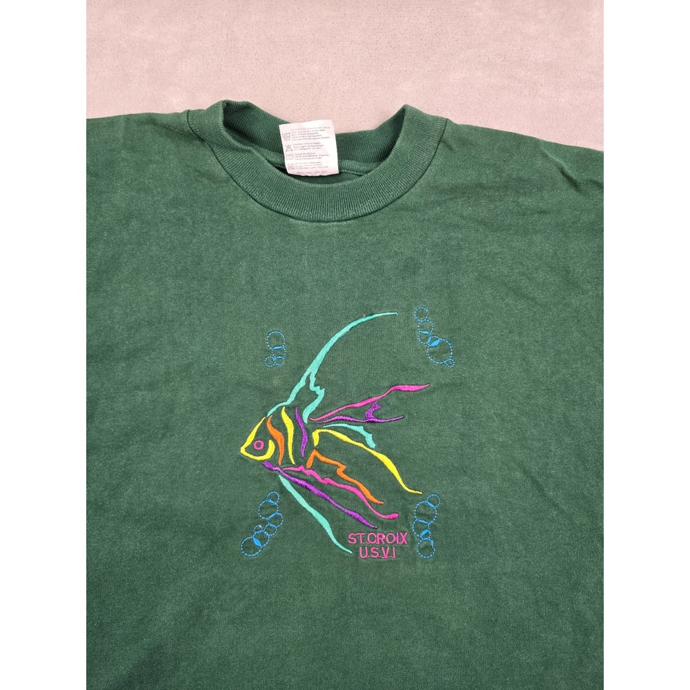 Vintage St.‎ Croix T Shirt Mens XL Fit S/M Green Embroidered Fish *Read
